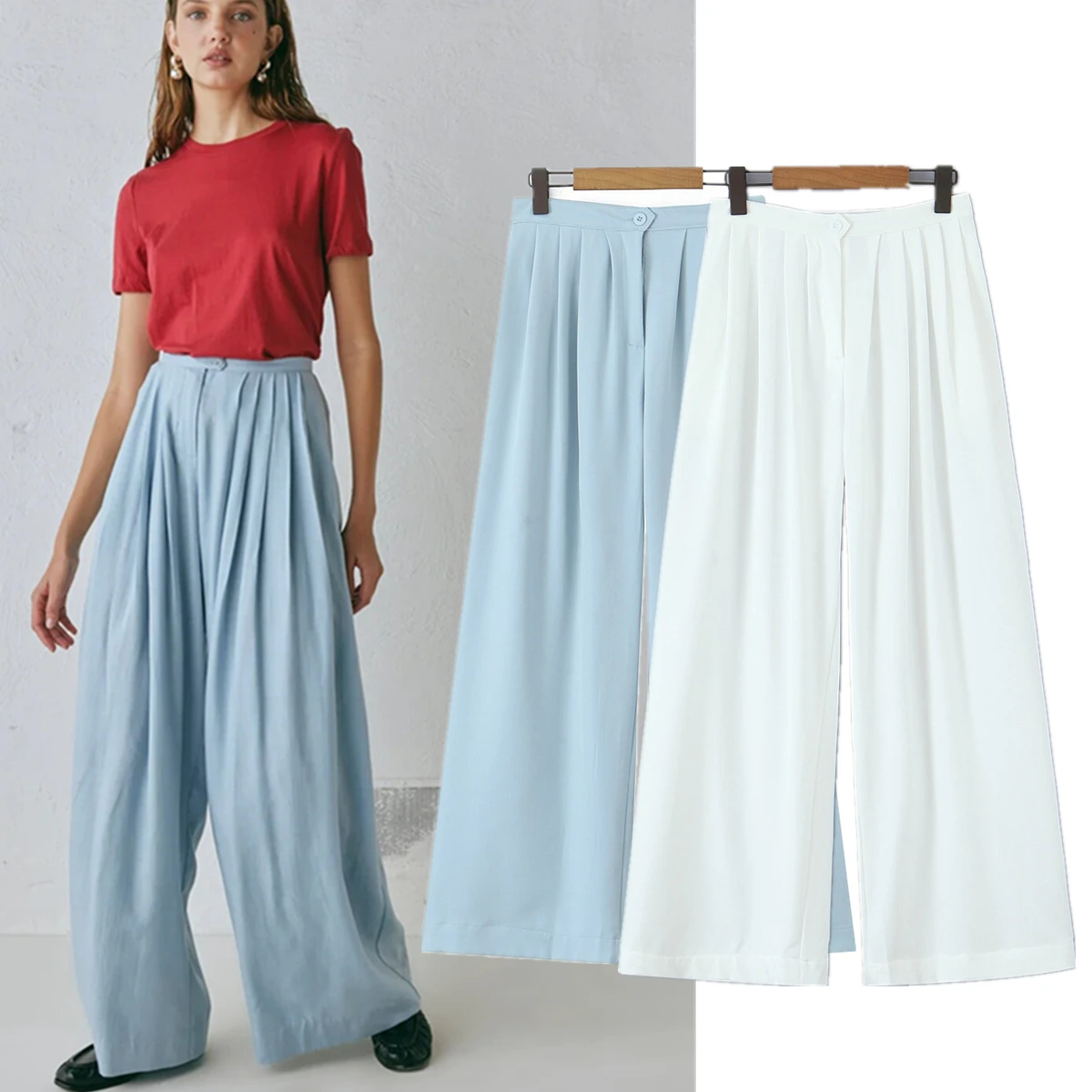 

Maxdutti Minimalist Solid Color Pleated Casual Pants French Style Commuting Casual High Waist Wide Leg Pants Women Loose Trouser