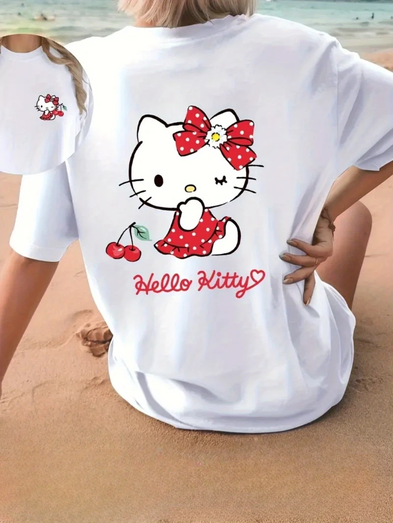 เสื้อยืดไหล่ตกพิมพ์ลายซานริโอ เฮลโล คิตตี้เสื้อคอกลมแขนสั้นลำลองทรงหลวมสำหรับเสื้อผ้าผู้หญิงฤดูใบไม้ผลิและฤดูร้อน