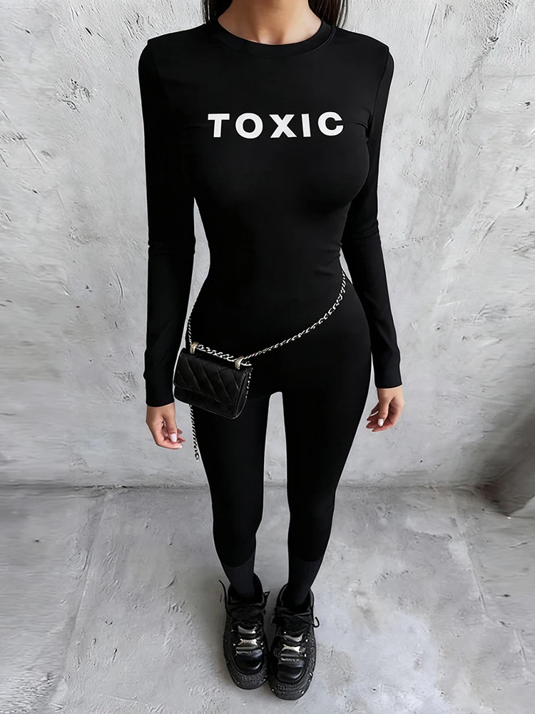 Combinaison avec lettres de chat bizarre pour femmes, Fitness, décontractée, manches longues, fermeture éclair, classique, extensible, slim, entraînement, salopette d'activité de rue