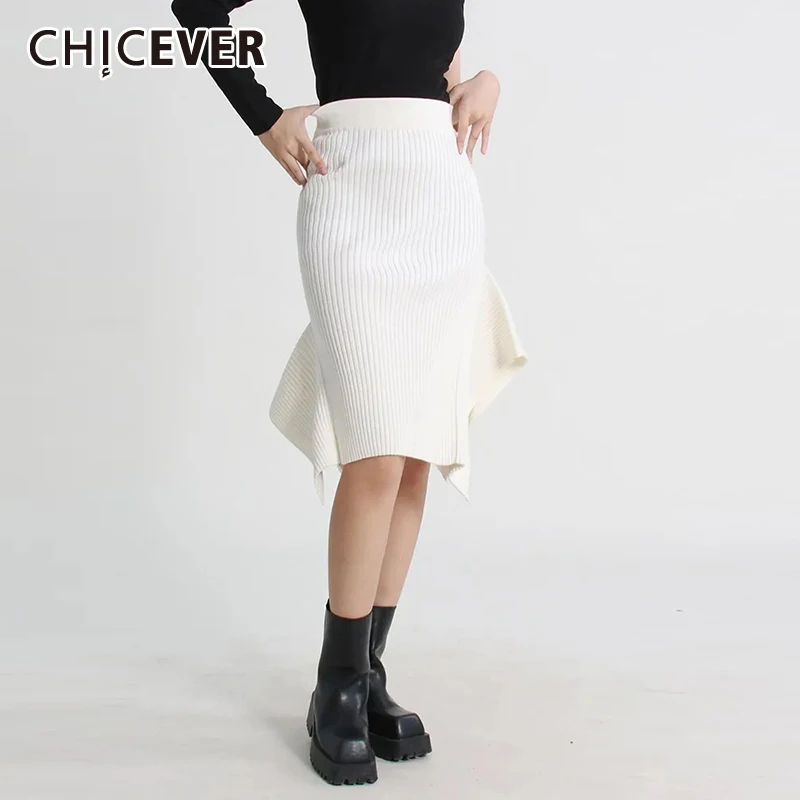 

CHICEVER Asymmetrical Elegant Skirts For Women High Waist Patchwork Zipper Folds Minimalist Knitted Skirt Female Fashion Clothes