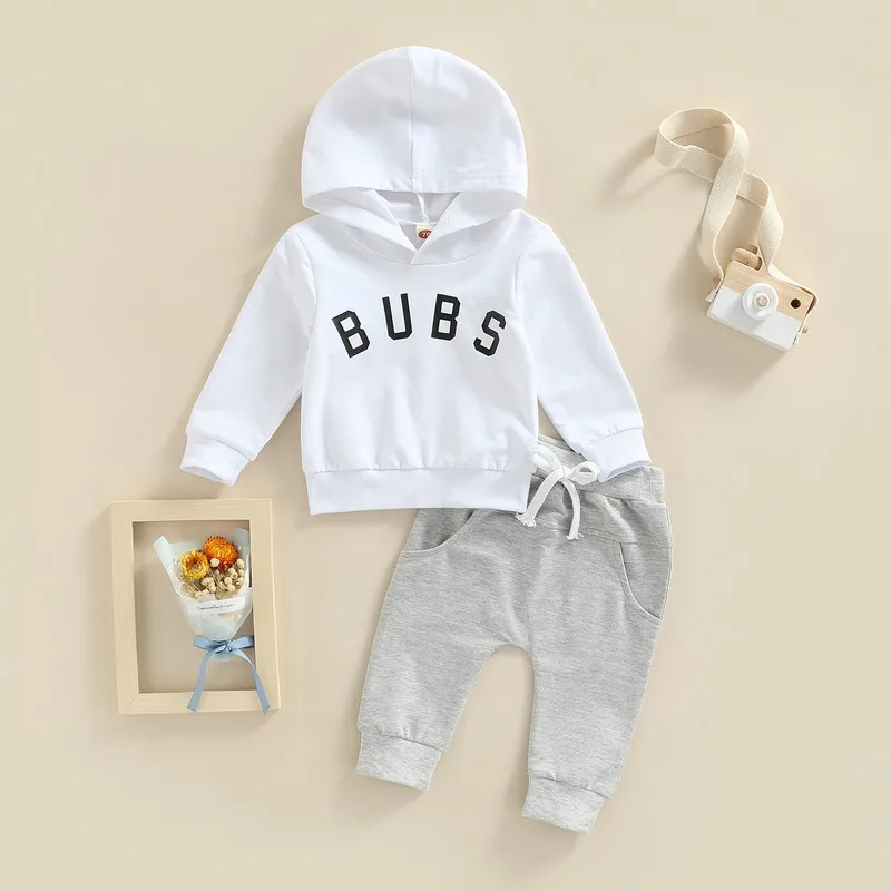 Newborn Baby Boy 2Pcs Outfits Fall Capital Letter Print Long Sleeve Hooded Pullover Elastic Drawstring Side Pockets Trousers