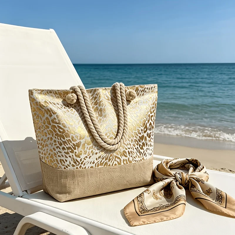 Gold Foil Leopard Print Patchwork Women's Tote Bag, Large Capacity Beach Bag with Rope Handles