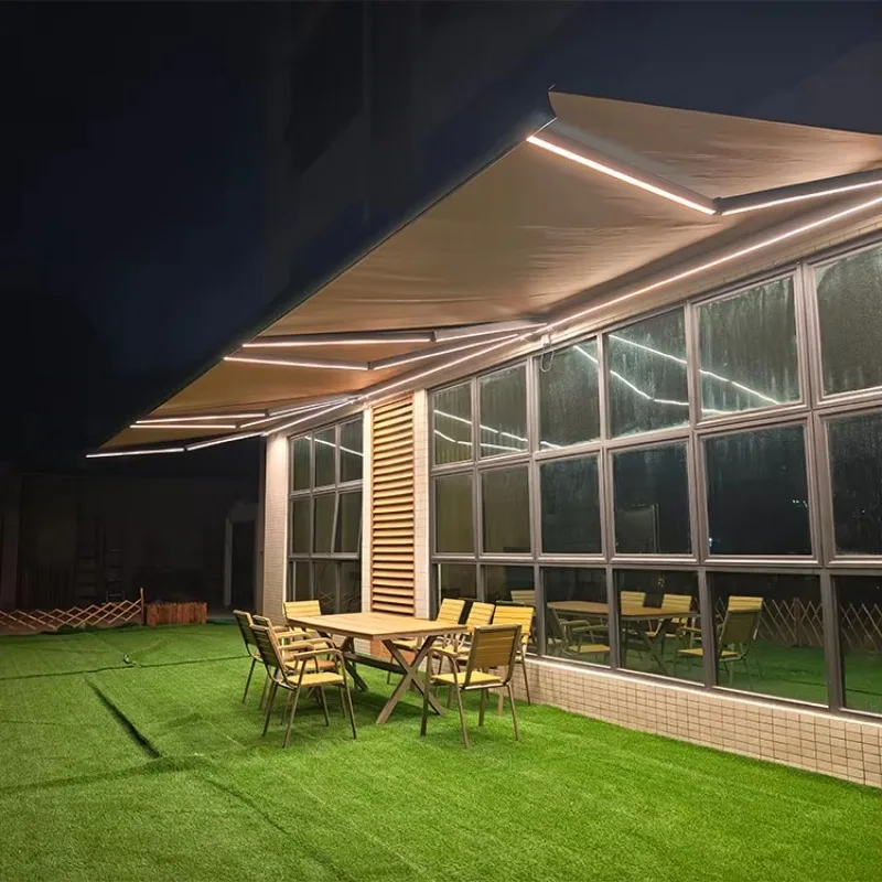 Luxury Modern Retractable Awning Remote Control LED Light Motorized Electric Full Cassette Aluminum Frame