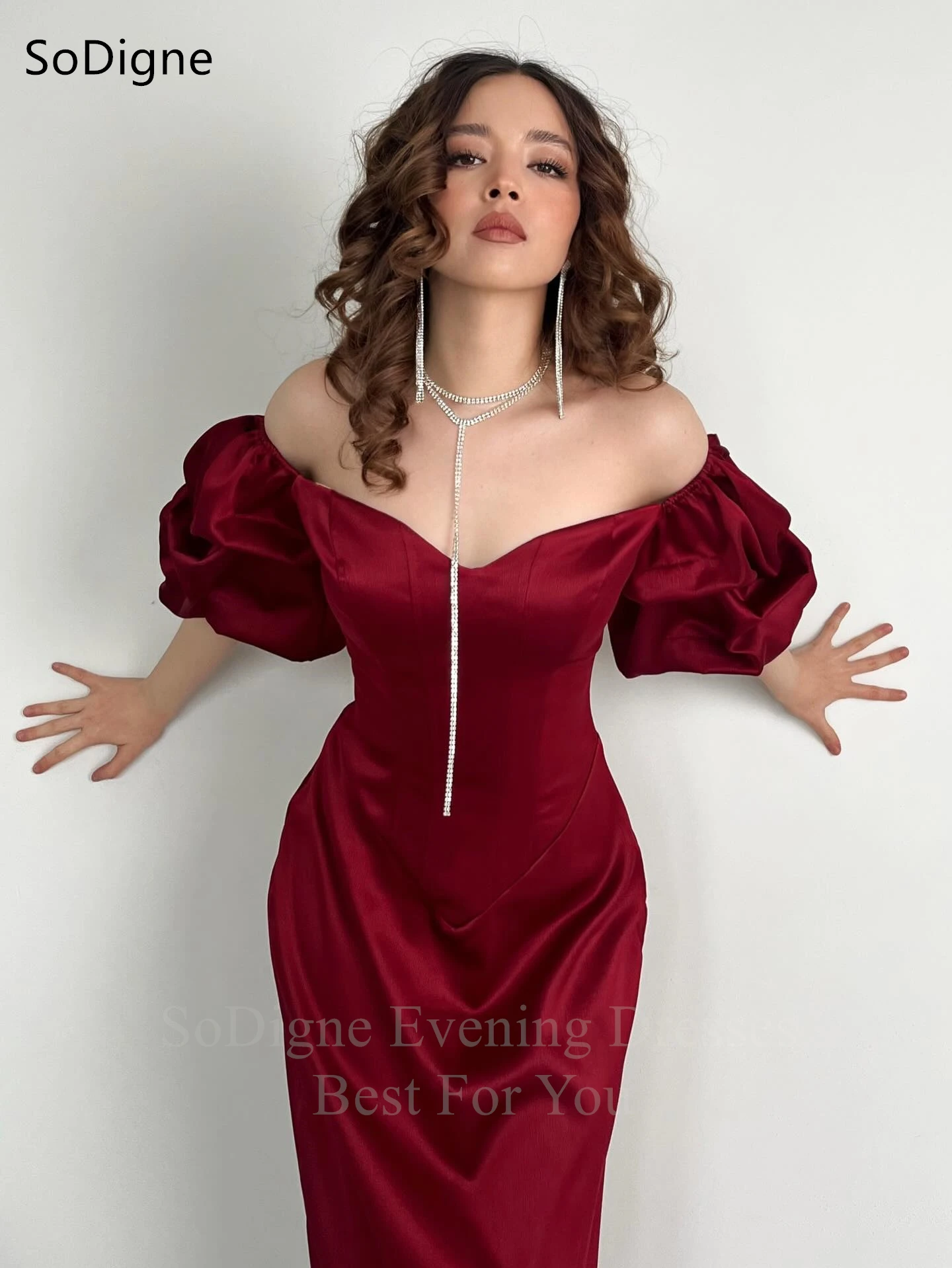 SoDigne Elegant Red Satin Evening Dresses Off The Shoulder Pleats Party Dress Mermaid Prom Gowns Customized