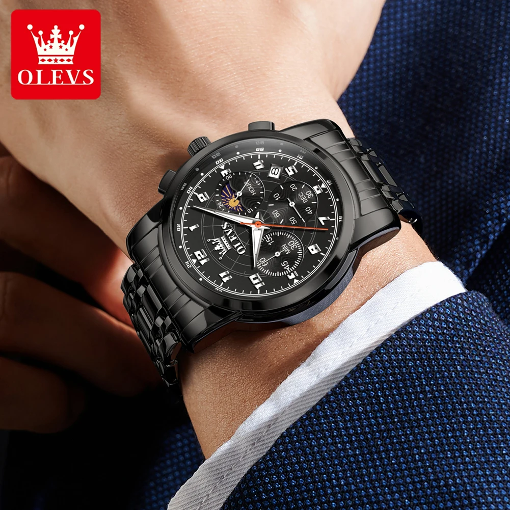 OLEVS 2983 Men Original Quartz Movement Watch Multi-functional Dial Chronography Night Light Function 30m Waterproof Watch