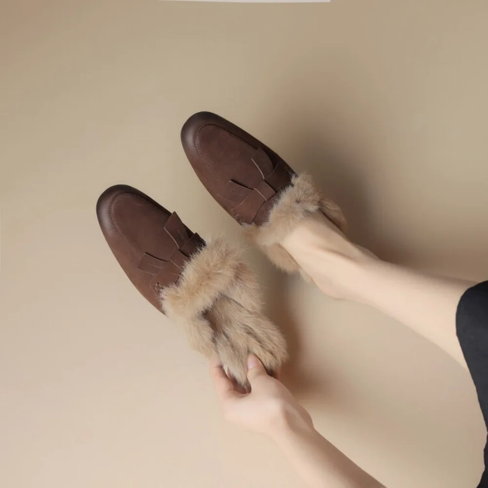 Women Genuine Leather Fur Flat Mules Slipper Fashion Solid Color Closed Toe Plush Slippers Casual Outdoor Furry Warm Slides