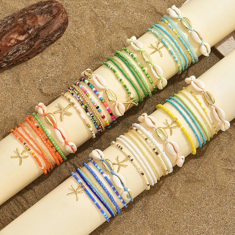 7Pcs Bohemian Style Starfish Shell Hand Woven Bracelet For Women Girls Fashion Beaded Bracelet Summer Beach Vacation Accessories