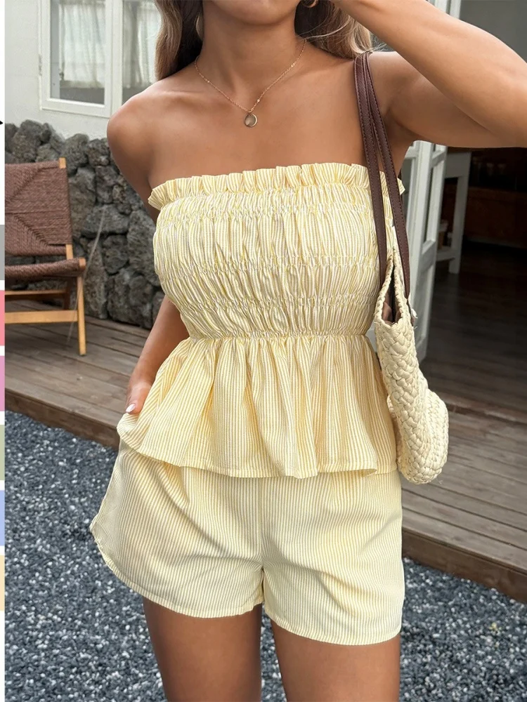 

Wmstar Set Women Wholesale Casual Simple Strapless Black Ear Trimmed Shorts for 2025 Summer Two Piece Outfits Woman Fancy Club