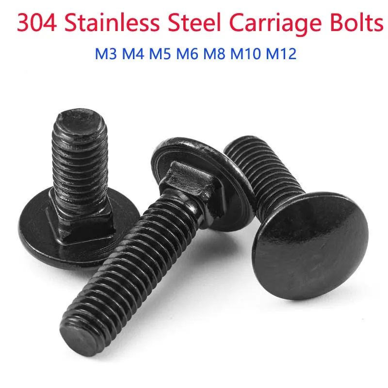 Black 304 Stainless Steel Carriage Bolts Large Round Head Square Neck Bolts for Shelving  M3 M4 M5 M6 M8 M10 M12 Coach Bolt