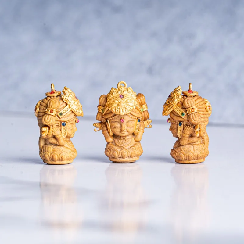 Indian Old Mountain Sandalwood S925 Solid Silver Yellow Jambhala Zaki Lhamo Hear and Speak No Evil DIY Pendant Divine Car Charm