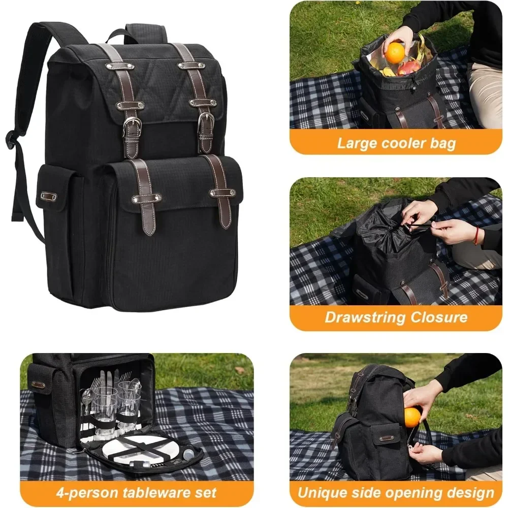 Picnic Backpack for 4, Basket for 4, Picnic Basket Backpack, Picnic Basket Set with Blanket and Cooler Bag,Wine Pouch