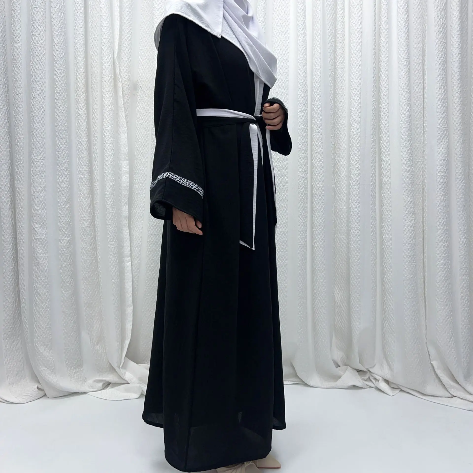 

Fashion Muslim Set 3-Pieces Women Open Abaya Kimono Hijab Inner Dress Set Turkey Dubai Kaftan Eid Party Caftan Arab Robe Islamic