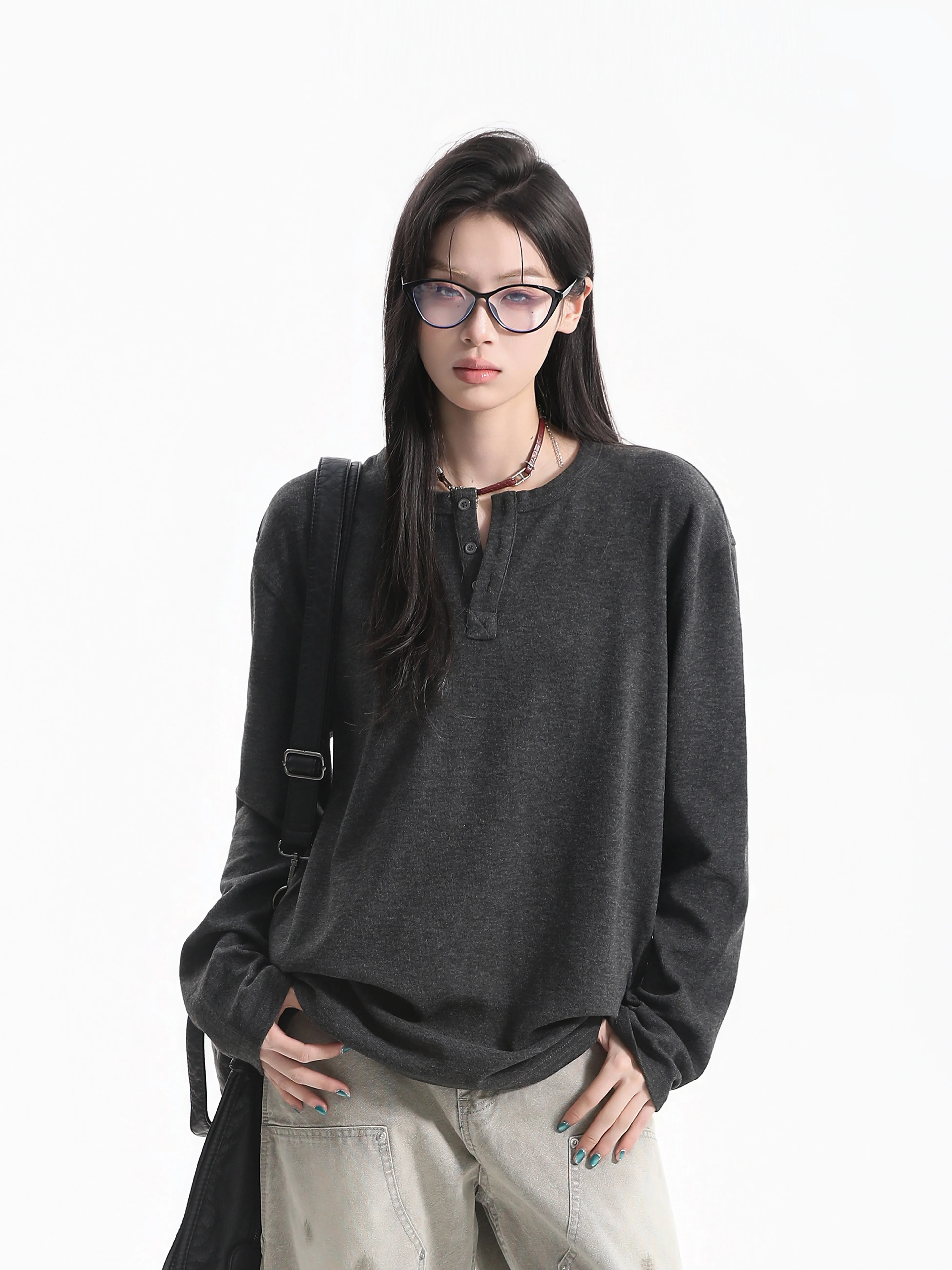 Vintage Knitted Long Sleeve Henry Collar T-Shirt Couple Base Layer Casual Loose Fit Polyester Blend Autumn Wear for Youth