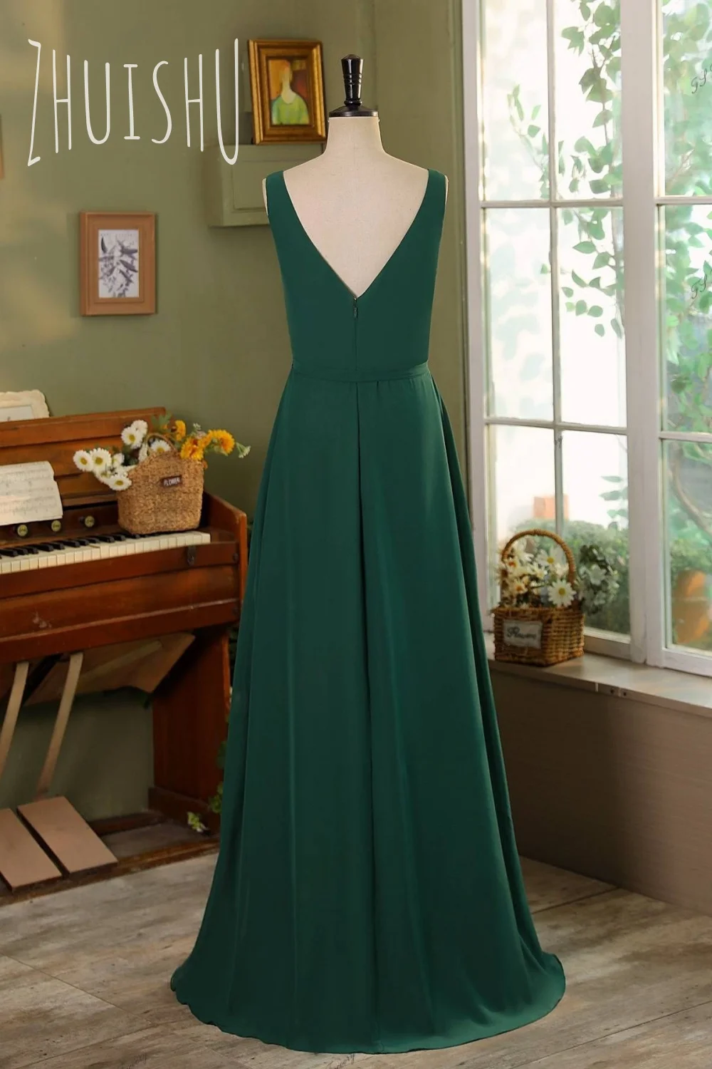 ZHUISHU Sexy V-Neck Bridesmaid Dress Sleeveless Backless Evening Gown Chiffon Zipper Side Slit Guest Party Dress Customized