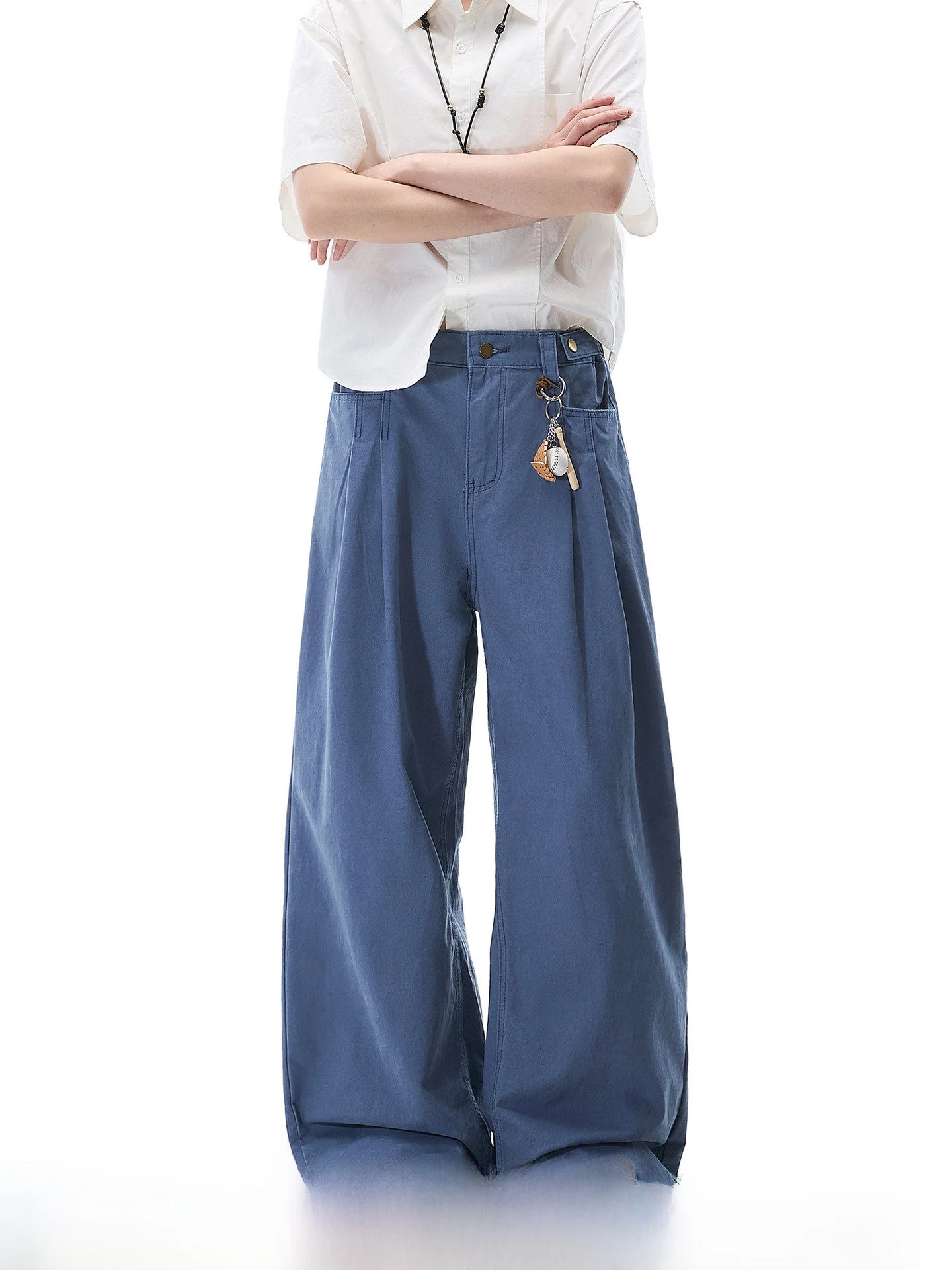 Washed Casual Pants Loose Fit Straight Leg Workwear Trousers for Men Dream Made French Blue Spring Autumn Cotton Blend