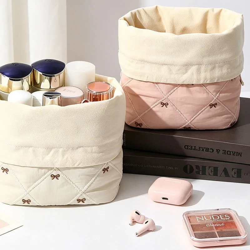 Quilted Drawstring Cosmetic Tools Bag Large Capacity Bow Embroidery Travel Makeup Brush Organizer Soft Cotton Wash Storage Bag