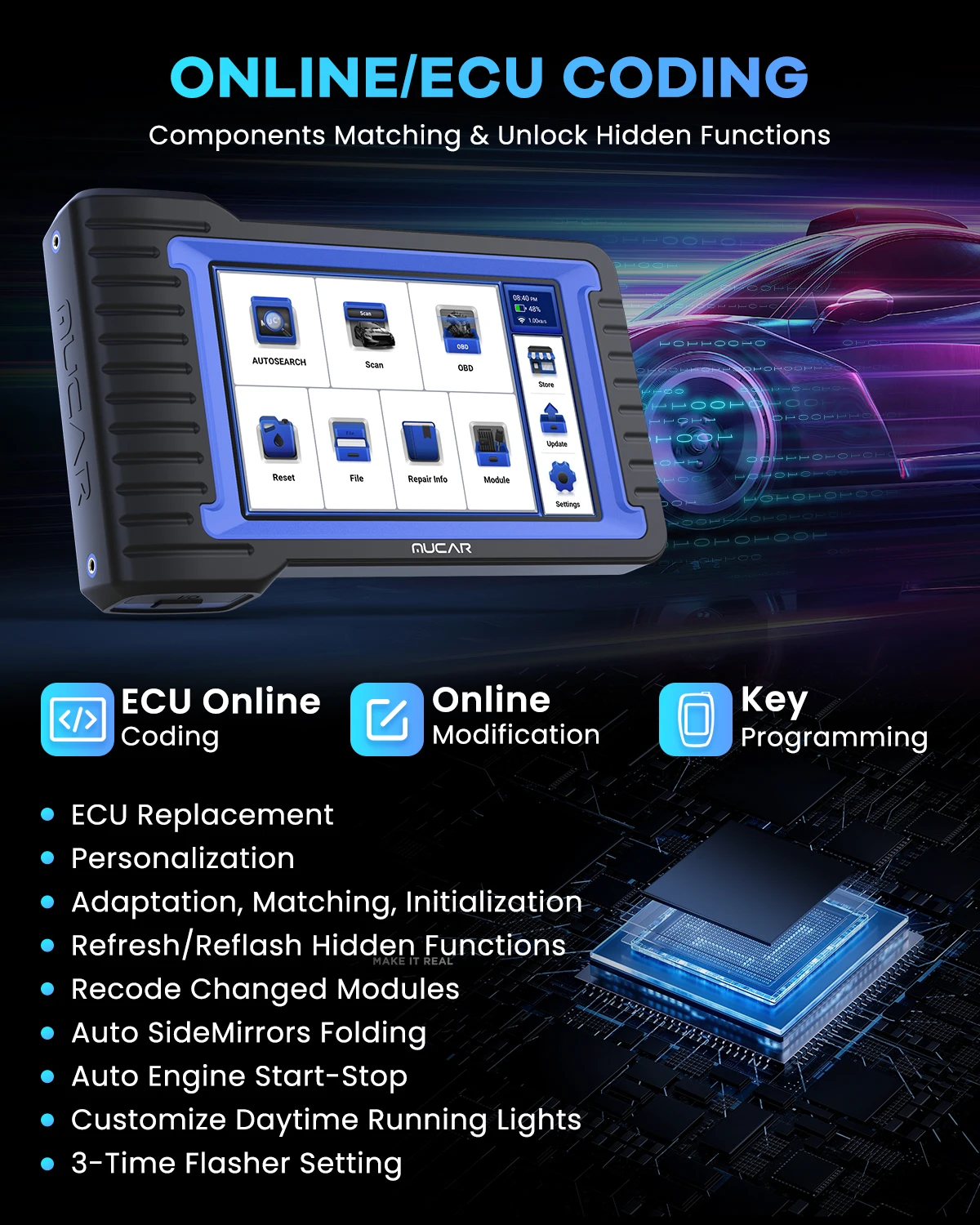 MUCAR-ferramentas diagnósticas profissionais do carro, todo o varredor Obd2 automotivo do sistema, auto diagnóstico, codificação do ECU, teste