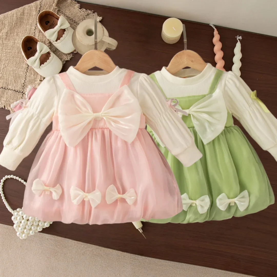 

2025 Autumn Baby Girl One-piece Dress Bowknot Sweet Long Sleeve Puff Princess Dress 1-4Y Kids Girl Clothes Cute Party Tutu Dress