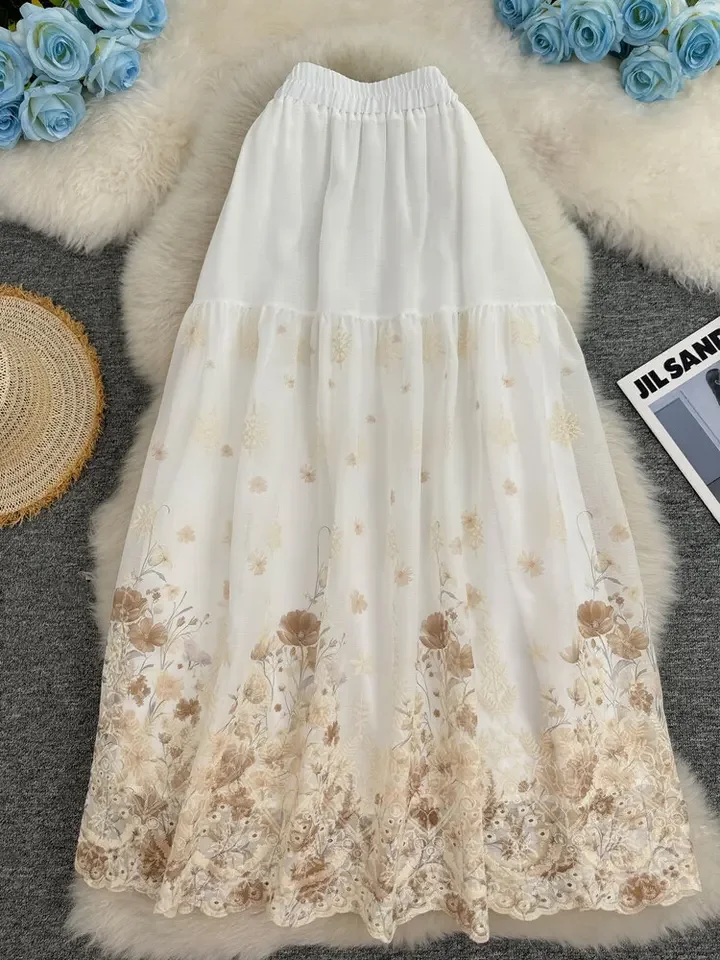 2026 New Women Embroidery Floral Large Hem Midi Skirt Female Summer Casual Versatile  A-line Beach Vacation Faldas