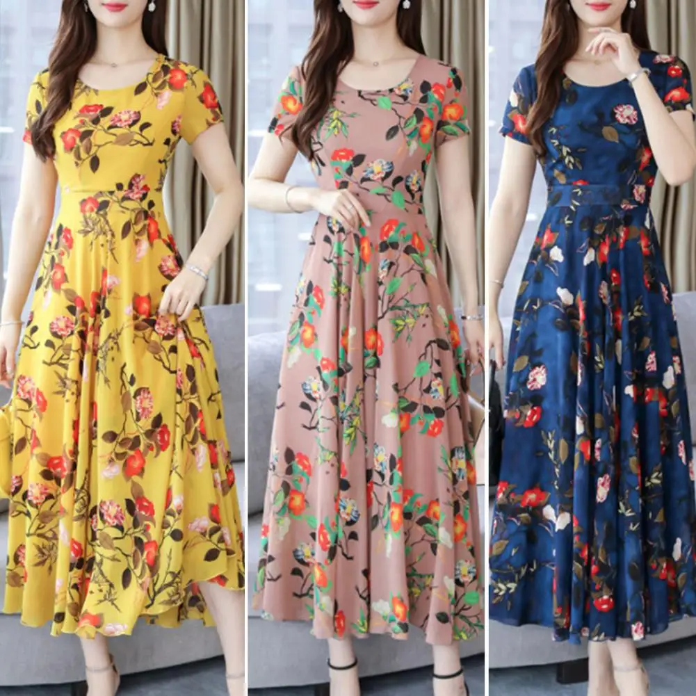 

Summer Dress O-neck Short Sleeve Waist Tight Pleated Large Hem Elegant Floral Print A-Line Midi Dress Female Clothing 여름 원피스