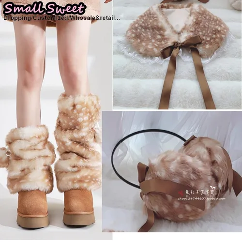 Imagen 1 del producto Fawn Navidad cálido mujeres japonés Harajuku Y2K niñas encantador sombrero gótico esponjoso calentador de piernas orejeras chal traje coordinación