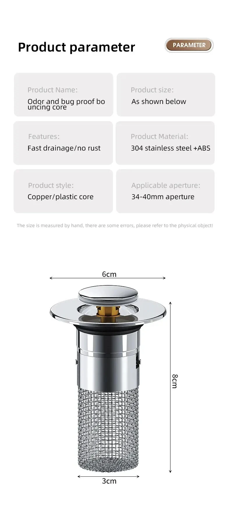 2PCS Washbasin Leak Plug, Stainless Steel Odor Proof Bouncing Core, Press Type Sink Drain, Universal Accessory for Washbasin