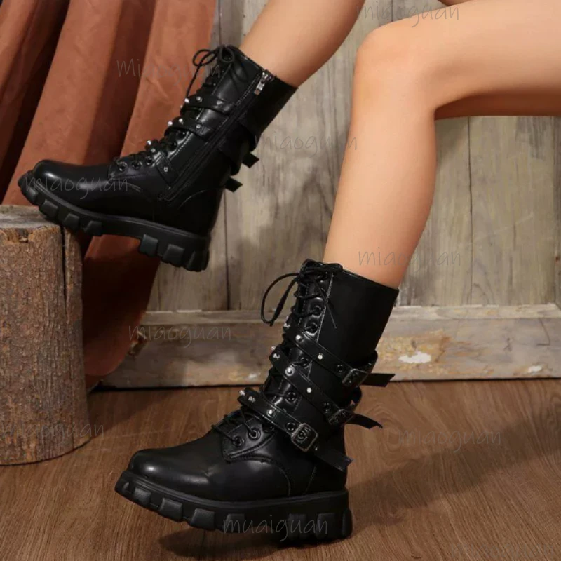 New Style Thick Sole Height-Increasing Motorcycle Boots for Women Women's Autumn Punk Belt Buckle Plus Size Platform Knight Bota view 2