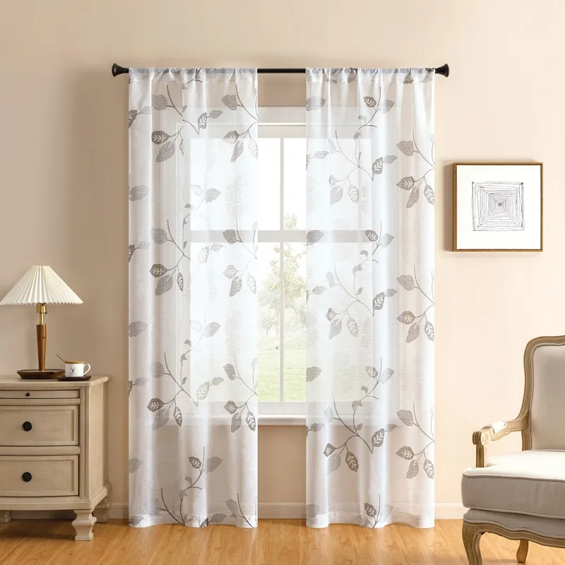 Sheer Curtain Voile Semi-Sheer Curtain Drapes Flower Printed Embroidery Window Treatment for Living Room Bedroom Bathroom 1Panel