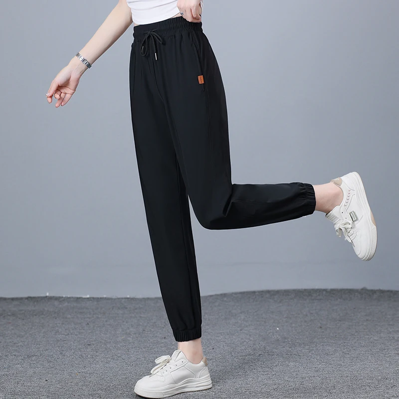 New Women'S Summer Thin Quick Drying Ice Silk Fashion Versatile 9-Point Trousers Korean Version Breathable Casual Sports Pants