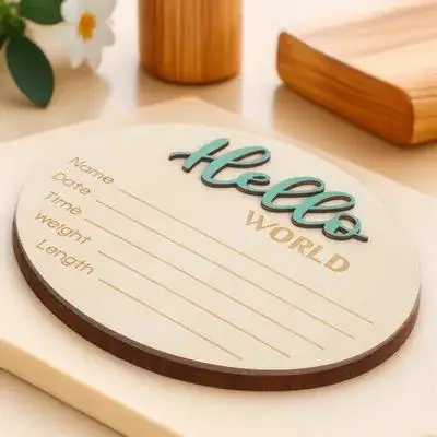

Wooden Birth Announcement Sign Round Shape Smooth Surface Baby Name Sign for Newborn Information Record Photography Prop Infant