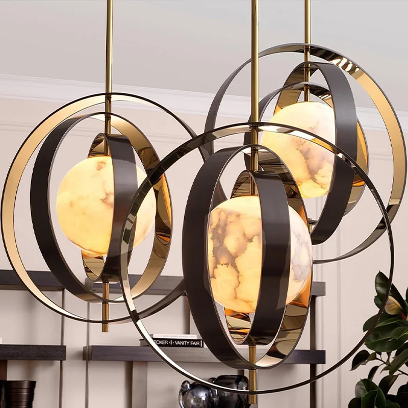 

Contemporary Nordic American French Style Marble Chandelier Round Gold Adjustable Ceiling Luster Villa Hotel