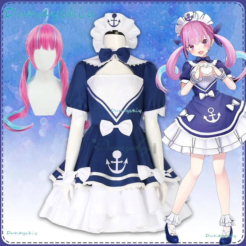 

[Kisekiya]Hololive Vtuber Minato Aqua Cosplay Costume Wig Blue Sailor Suit Lolita Carnival Women Halloween Party Stage Clothin