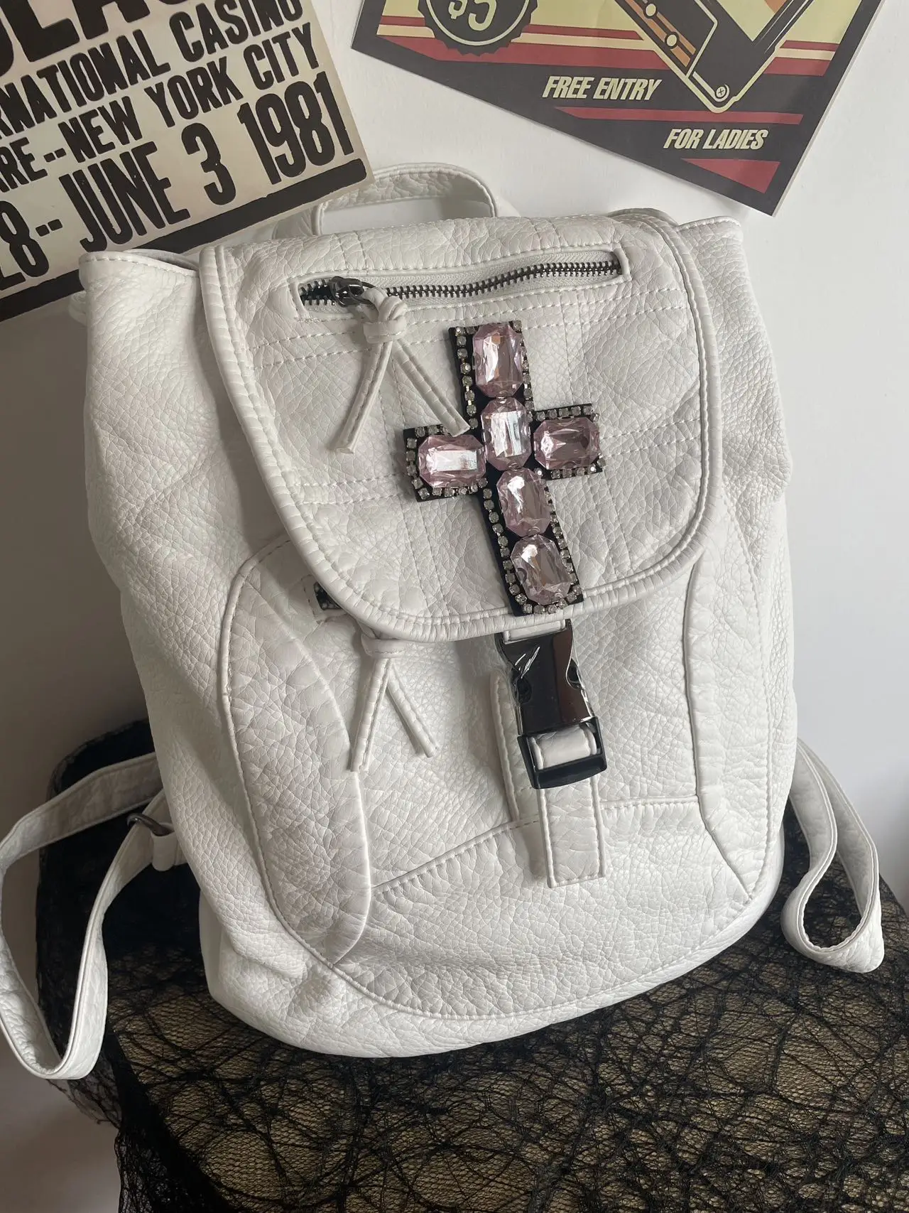 

Charming White Leather Backpack Y2K Sparkling Cross Backpack Unique Elegant Women’s Bag
