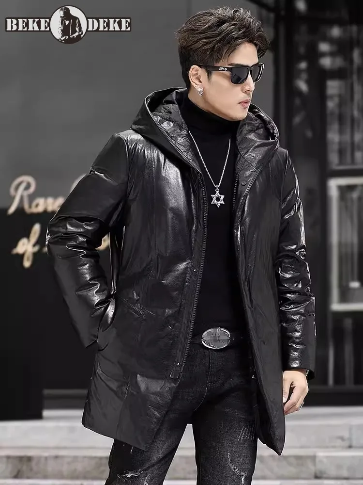 

Winter Men Genuine Leather White Goose Down Jacket Hooded Loose Fit Cowhide Mid Long Windbreaker Trench Coat Thick Warm Overcoat