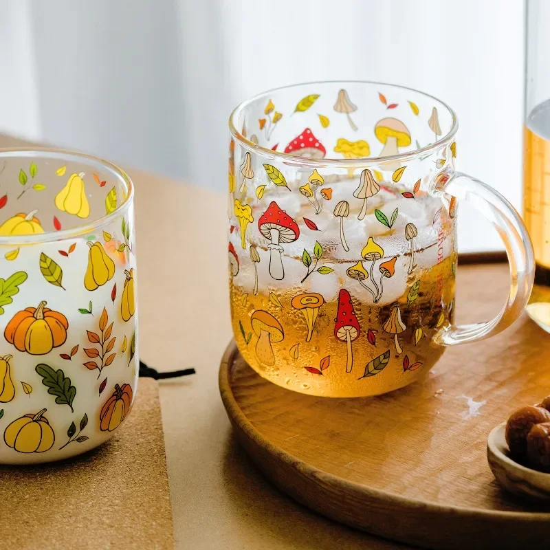 

Heat-Resistant with Handle Glass Mug Breakfast Milk Cup Cute Office Home Coffee Mugs Lemon Mushroom Pumpkin Pattern Drinkware