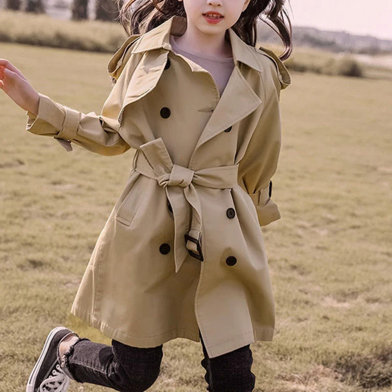 Girls' windbreaker jacket for spring and autumn, new mid to long styles for children's jackets, British style for girls' childre