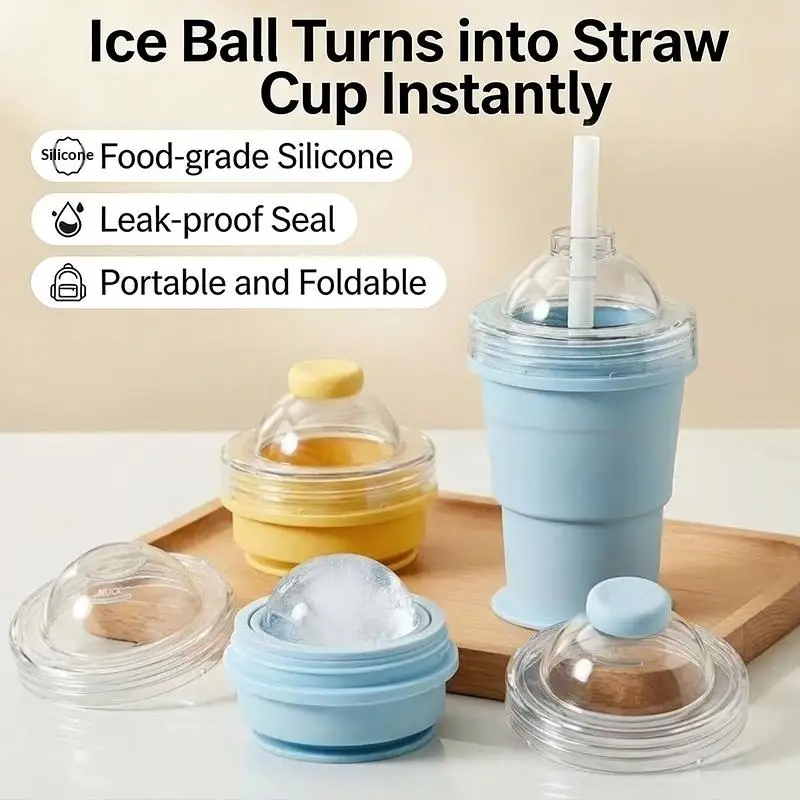 【YA】2026New Portable Foldable Ice Ball Cup With Built-in Straw Food-Grade Silicone Ice Maker Mold Summer Outdoor Travel Tumbler