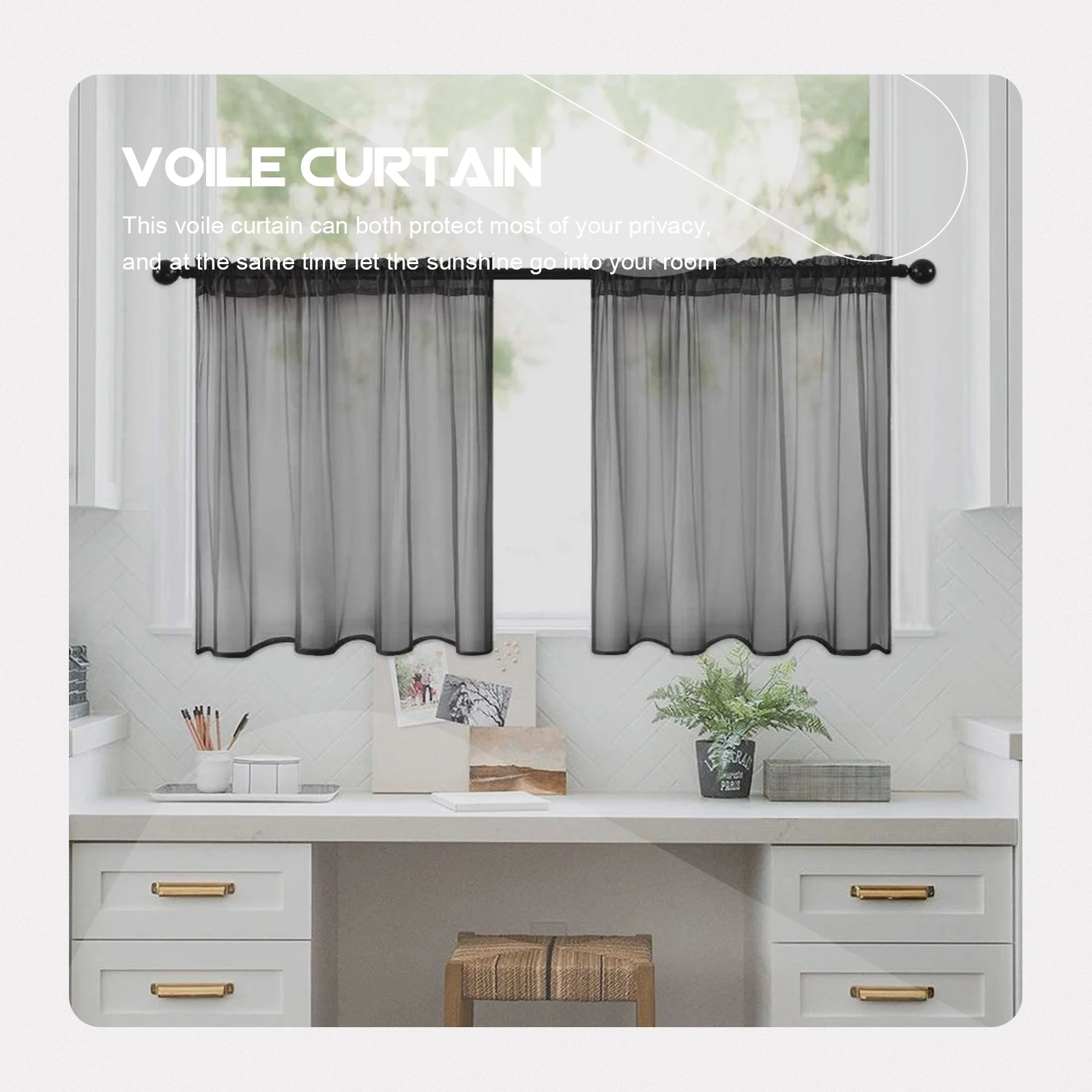 

2Pcs Short Sheer Curtains Black Voile Drape Window Tulle Elegant Transparent Privacy Filter Living Bedroom Decor Polyester