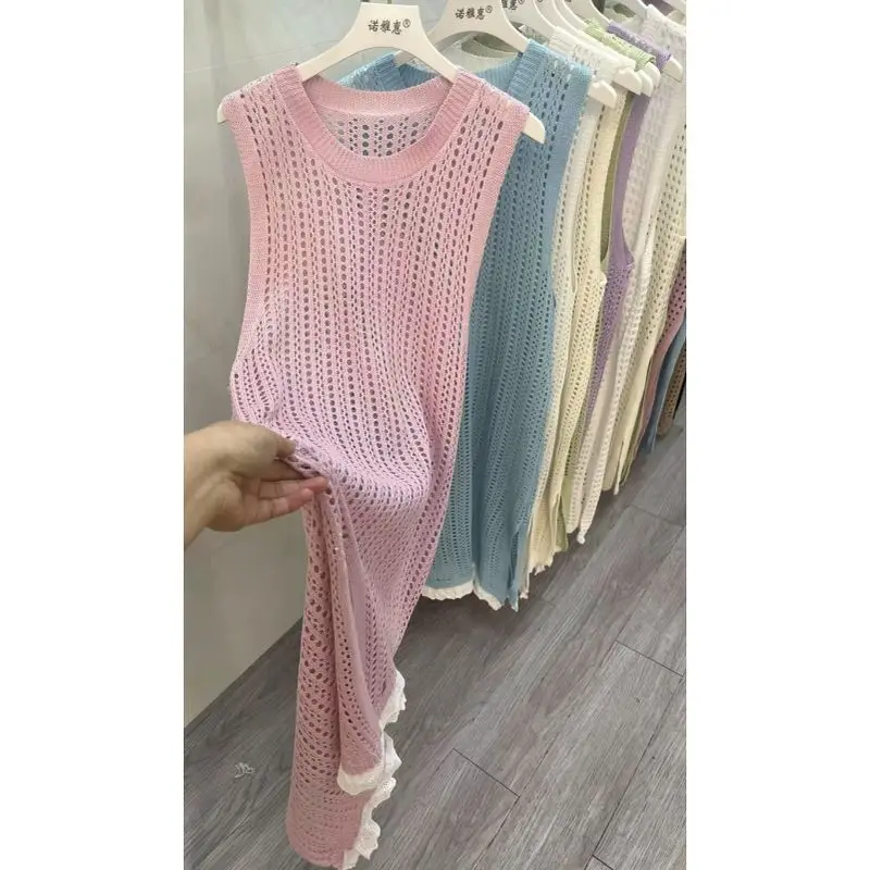 Dresses for Women Summer New High-end Designed Loose Simple Casual Temperature Niche Chic Hollow Slit Mid-length Knitted Dress