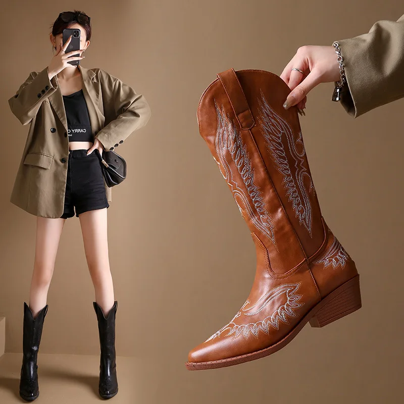 

British style casual new brown boots for women in summer2025New Style Knight Boots Pointed Toe Simple Western Cowboy Boots