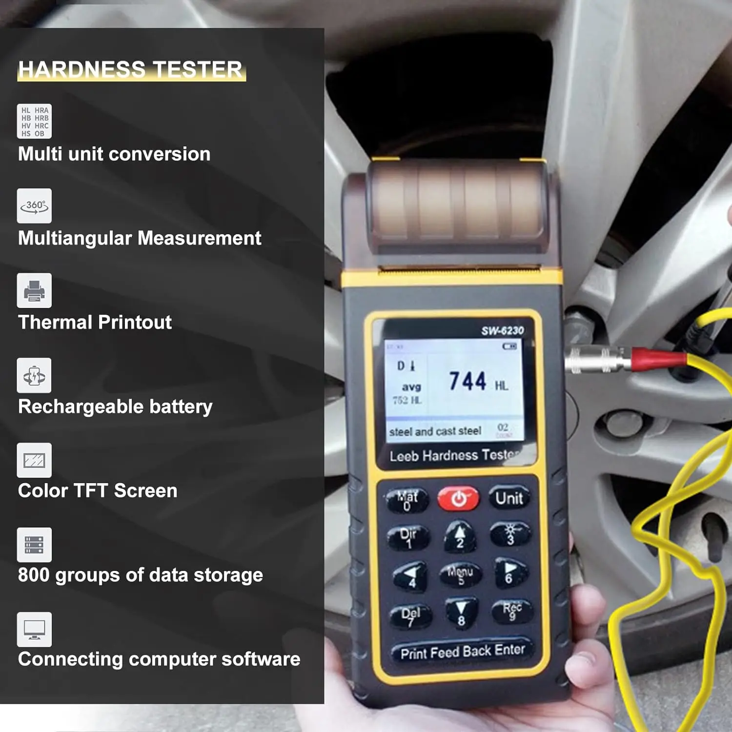 Metal Hardness Tester with Printer, 170~960 HLD, Digital Non-Destructive Leeb Testing with USB Output PC Software Analysis