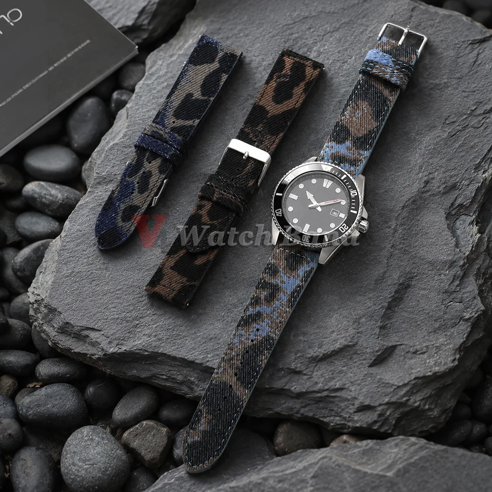 18mm 20mm 22mm Denim Leopard Print Dark Blue Linen Leather Watch Strap Quick Release Watch Band Universal Replacement Watchbands