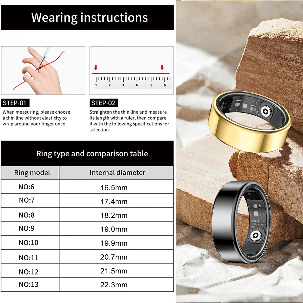 R99 IP68 Anello intelligente impermeabile in acciaio inossidabile Uomo Donna Anello da dito intelligente Attività sanitaria Tracker Frequenza cardiaca Ossigeno nel sangue