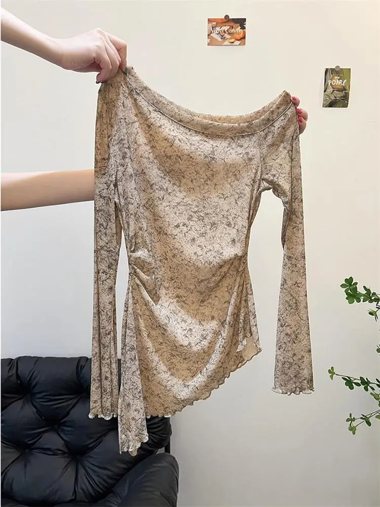 

Retro adient Design Long Sve T-irt Women's Me Asymmetrical oulder High Waist Korean Sle Commute Autumn Top