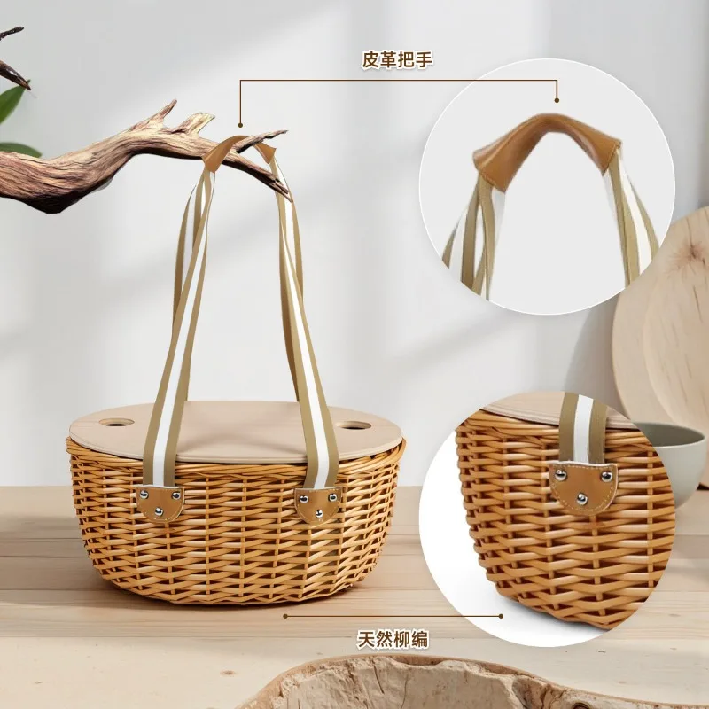 For Two-person Four-person Wicker Hand-woven Picnic Basket, Rattan Storage Outdoor Camping Folding Basket view 3