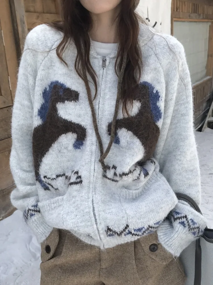 

Ladies' Chic Loose Knitted Zipper Sweater Outerwear Korean Sle Casual Campus Street Sle Spring Autumn Winter Faion