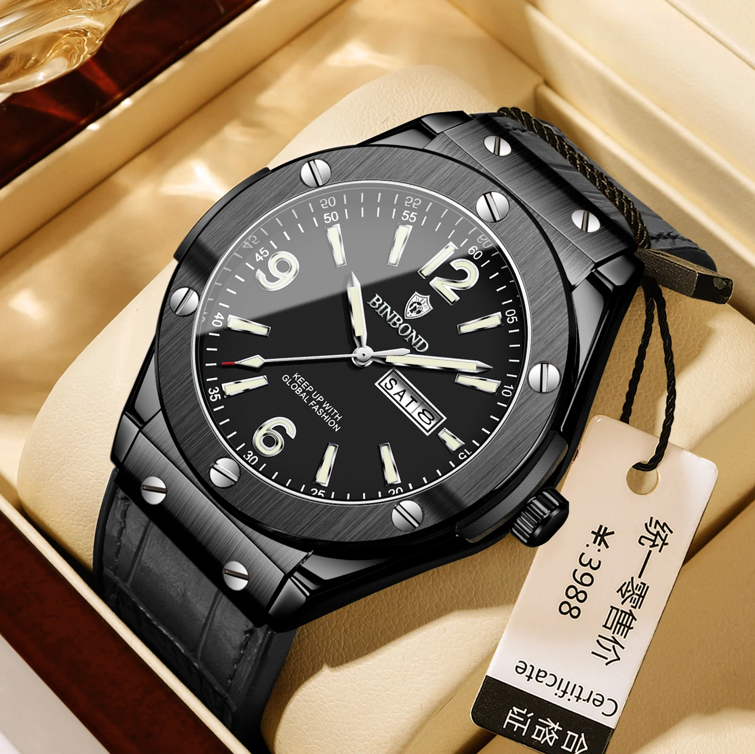 BINBOND Orologi da uomo Moda Quadrante grande Orologio al quarzo originale per uomo Cinturino in pelle Impermeabile Luminoso Data Settimana reloj 2025