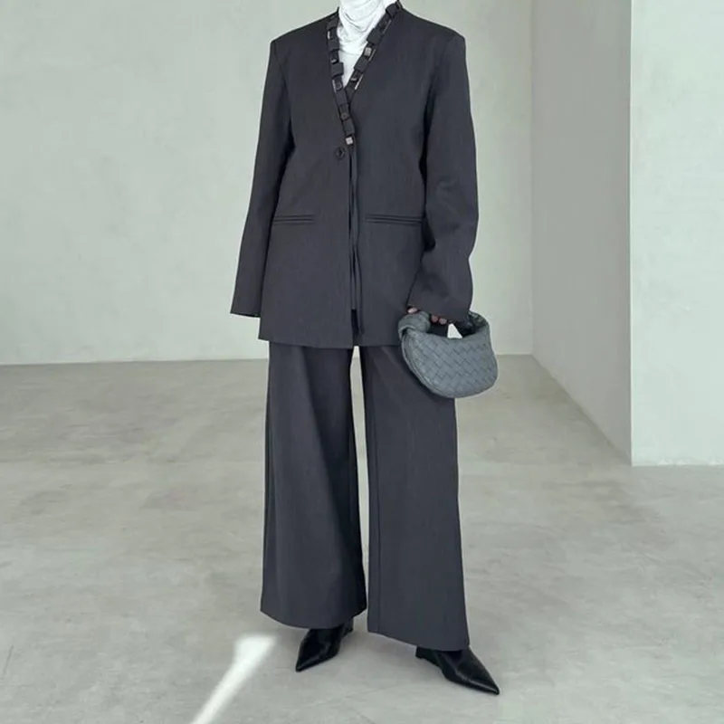 

FANAN Elegant 2 Piece Set For Women Drawstring Single Button Loose Blazers+high Waist Straight Wide Leg Pants 2025 Spring New