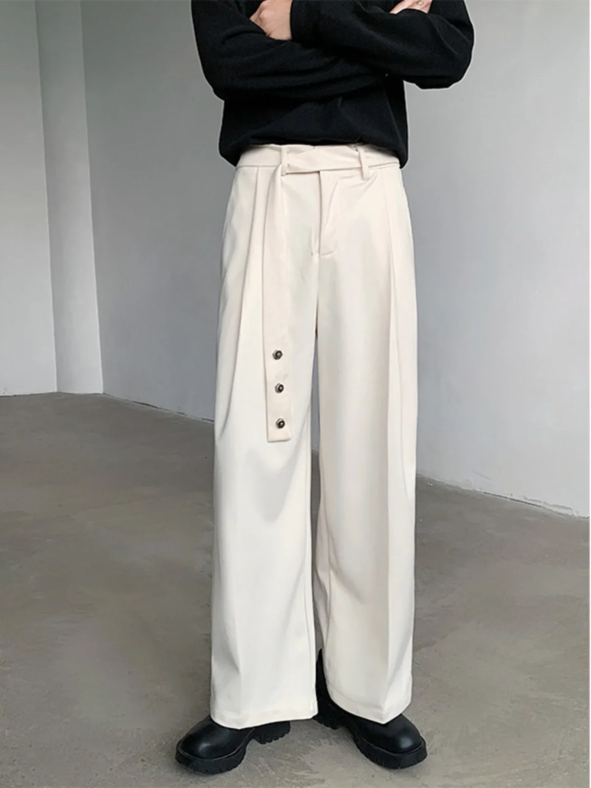 

Мужские шерстяные брюки в корейском стиле, прямые, повседневные, с поясом, широкие, в пол