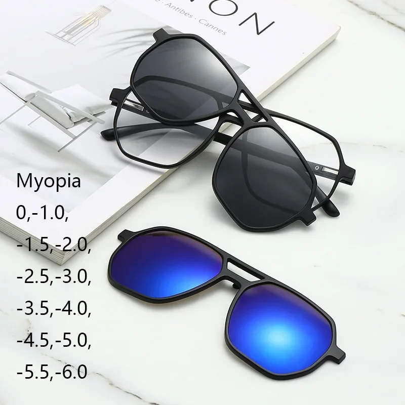 6 In 1 Men Women Discoloration Myopia Glasses Frame TR90 Polarized Optical Magnetic Clip on Sunglasses Prescription